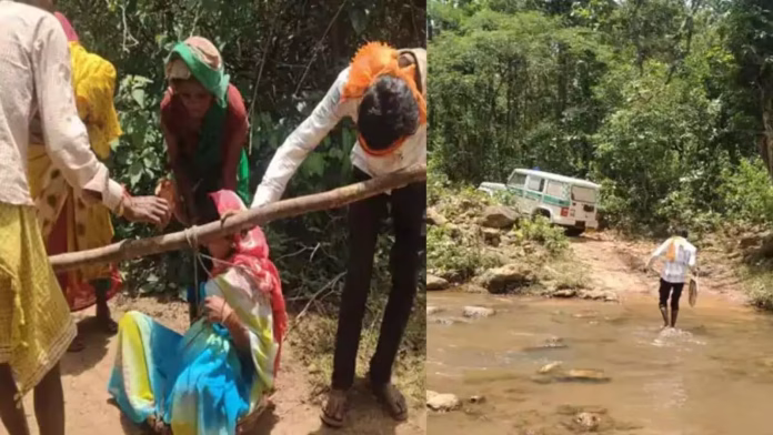 गुमला में सड़क नहीं, गर्भवती महिला को गेंड़ुआ भार में 2 KM ढोकर मेन रोड तक पहुंचे ग्रामीण